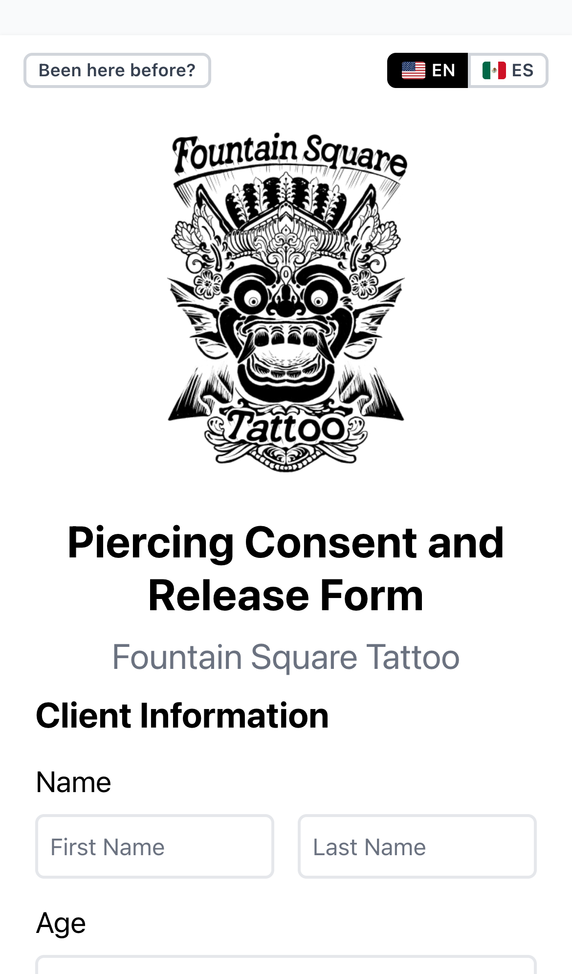 Open the demo form: the waiver form on a phone at demo.waivers.tattoo, with the shop’s logo, the English and Spanish switch, and the client’s name fields